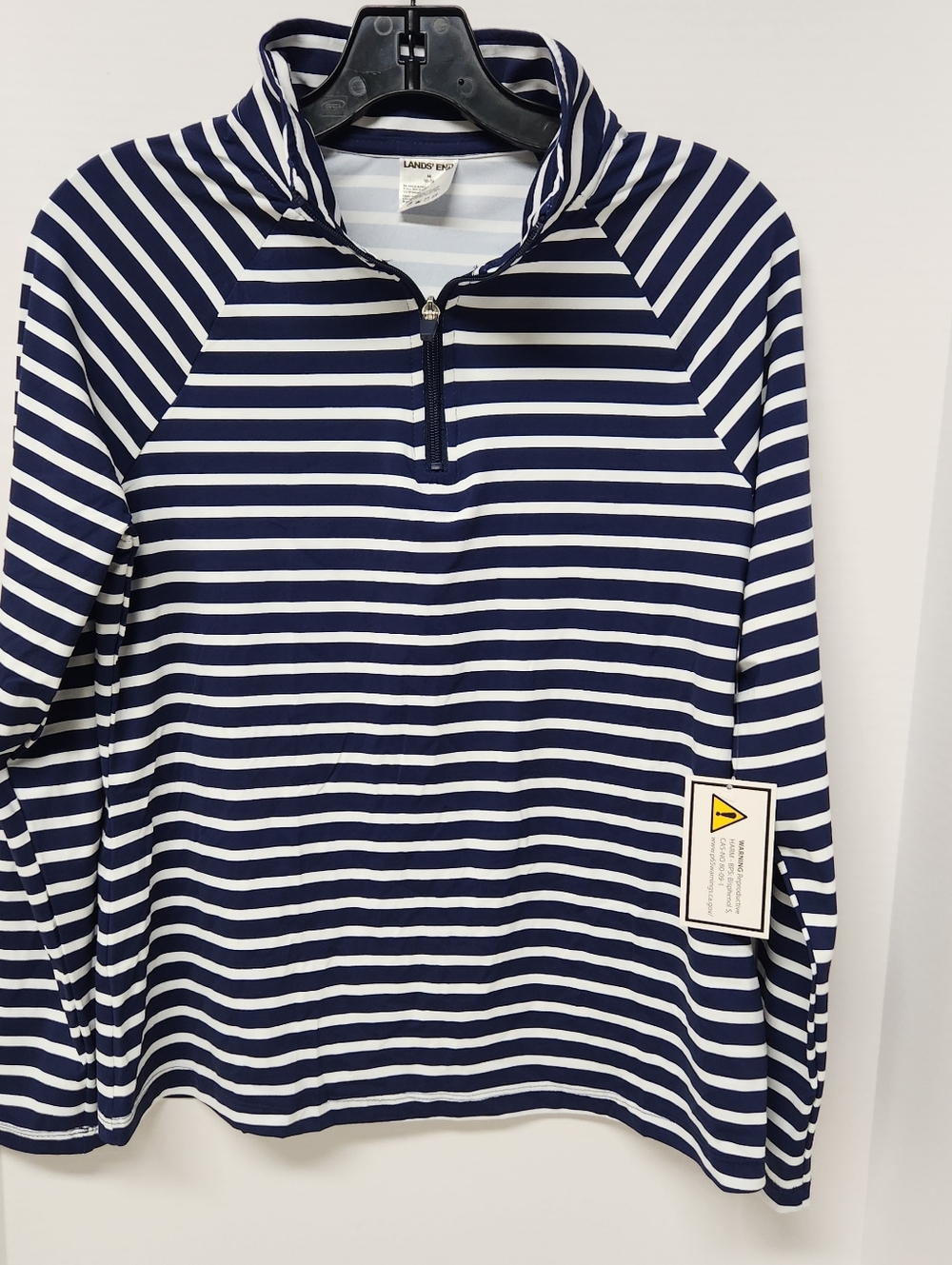 Women's Lands End Navy White Striped 1/4 Zip Rashguard Swim Top Athletic M 8-10